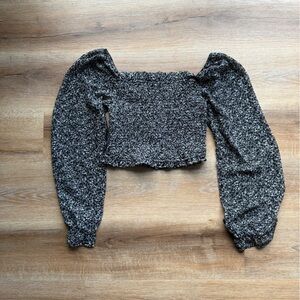 Japna Black Floral Smocked Puff Sleeve Crop Top